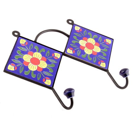  Navy Blue And Yellow Ceramic Floral Tiles Hooks